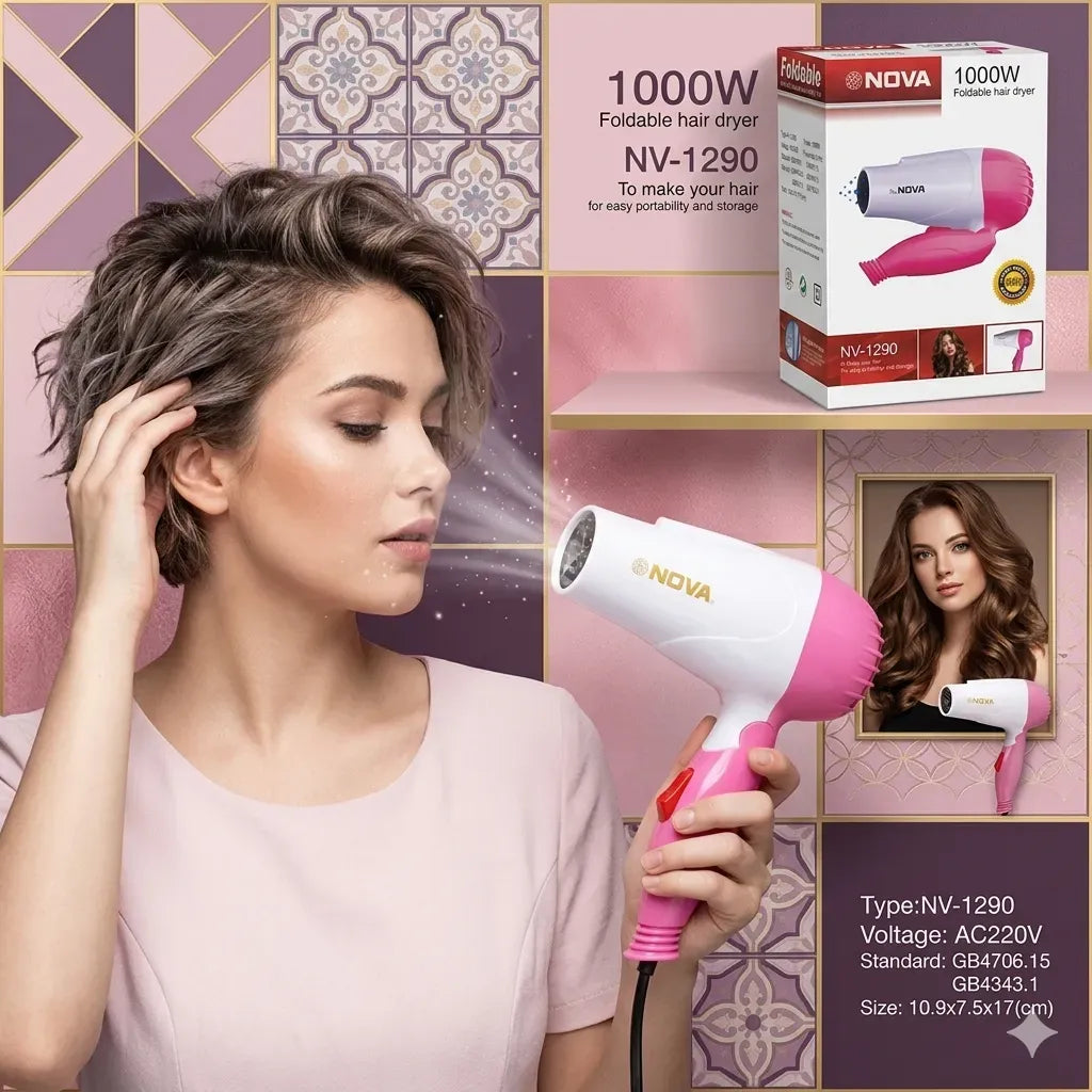 Nova 1000W Foldable Hair Dryer Pink